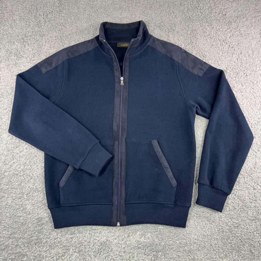 Garnet Mens Navy Blue Full Zip Mock Neck Jacket Suede Trim Shoulder Patch Small